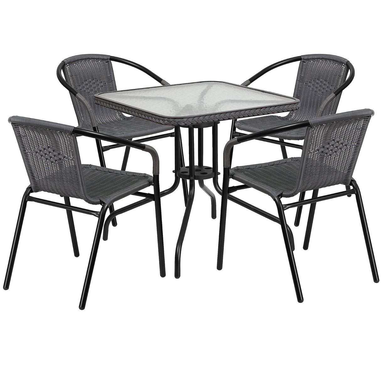 Flash Furniture 5-Piece 28" Square Indoor/Outdoor Patio Table and Chairs Set, Glass Metal Bistro Table and 4 Stacking Rattan Chairs, Gray Flash Furniture