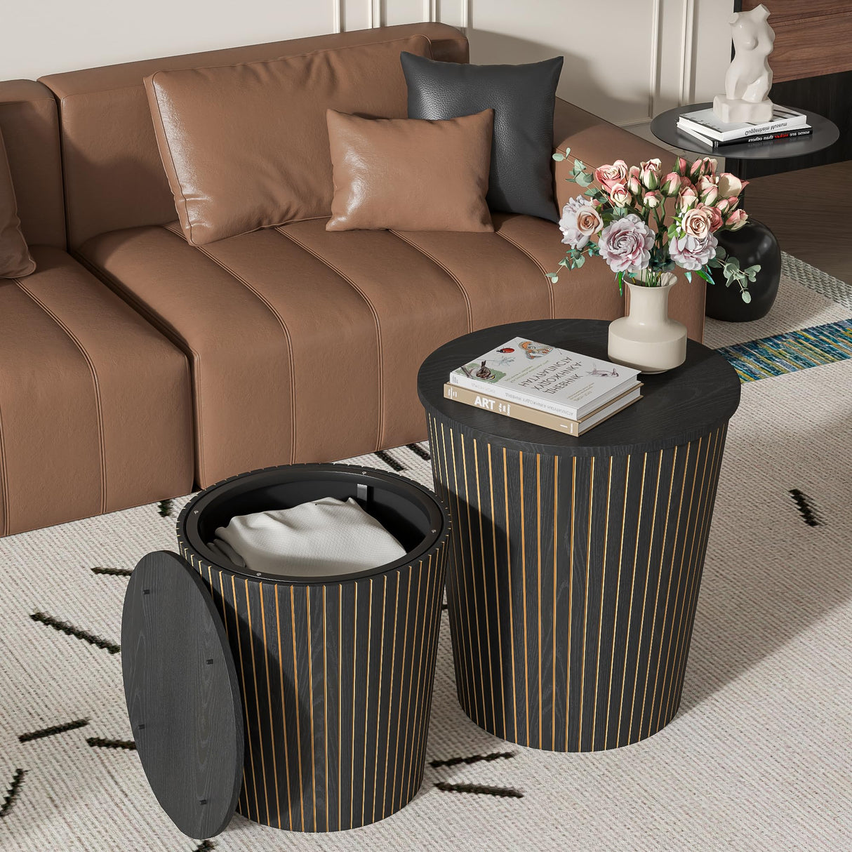 Round Coffee Table Set,2-Piece Modern Farmhouse Living Room End Table Set, Nesting Table Round Natural Finish for Living Room (Black, 17.72'') Lisicues