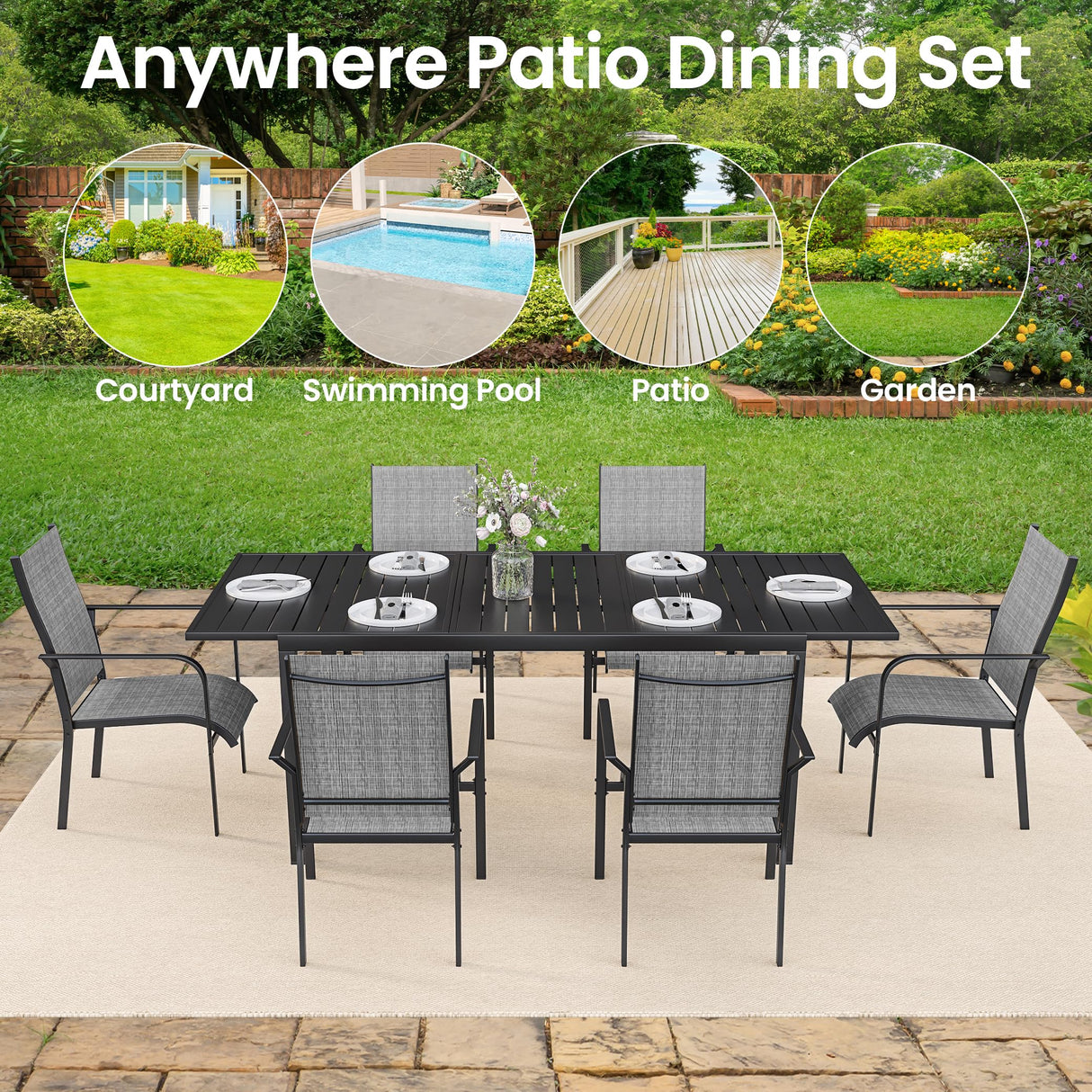 BUPPLEE 38"-84" Extendable Outdoor Dining Table Set for 4-8 Person, Rectangular Outdoor Furniture Adjustable Table & 6Pcs Textilene Chairs for Porch,Backyard, Garden, Poolside and Deck-7 Piece Grey BUPPLEE