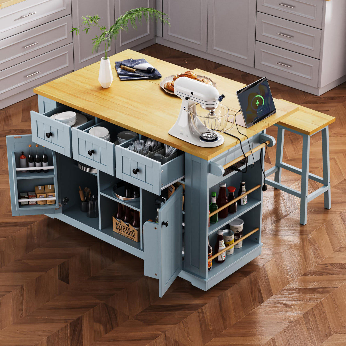 Yayzy Rolling Kitchen Island with 2 Bar Stools, Drop Leaf & Power Outlet, Large Kitchen Islands Cart on Wheels, Movable Island with 5 Open Shelves & Towel Rack for Dining Room, 53″, Grey Blue Yayzy