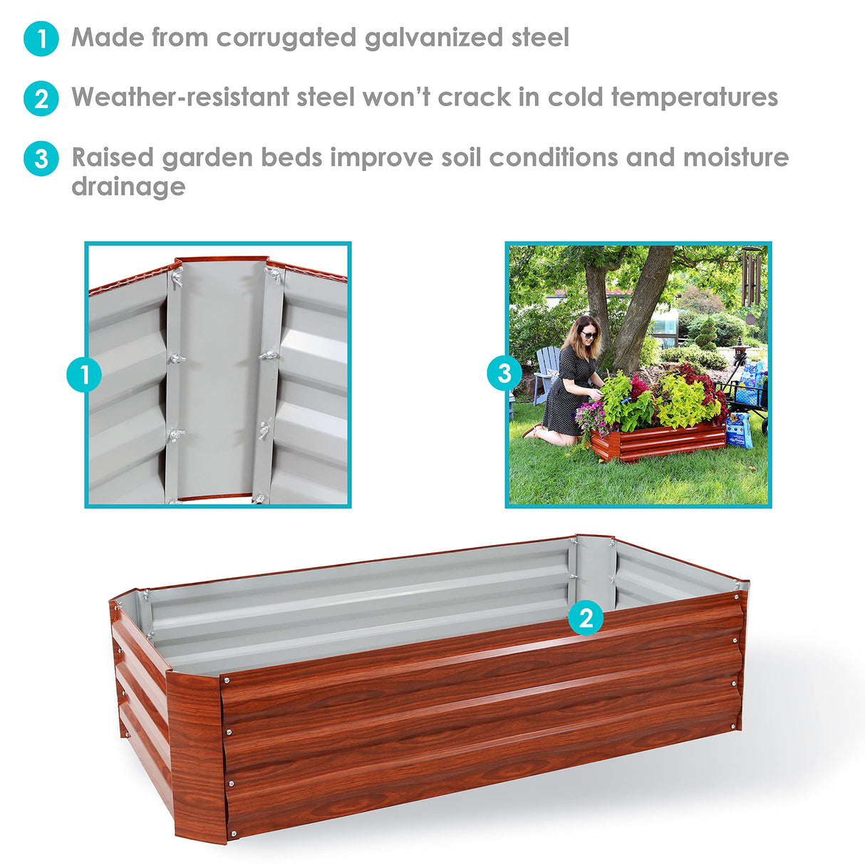 Sunnydaze 48-Inch Galvanized Steel Outdoor Raised Garden Bed - Rectangle Planter for Vegetables and Flowers - Woodgrain Sunnydaze