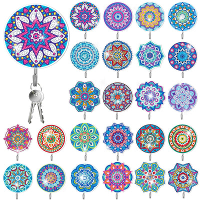 Saillong 24 Pcs Mandala Flower Diamond Painting Kit with Hooks Key Holder Adults Mandala Flower Art for Wall Decor DIY Decorations Diamond Art Painting Sticky Hooks for Towel Kitchen Decoration