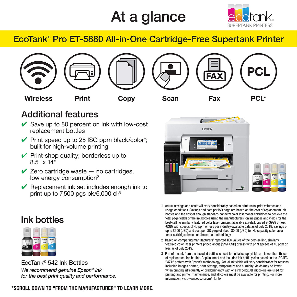 Epson EcoTank Pro ET-5880 Wireless Color All-in-One Supertank Printer with Scanner, Copier, Fax, Ethernet and PCL/Postscript, White Epson