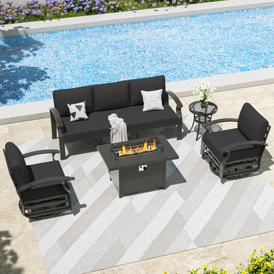 Kullavik Aluminum Patio Furniture Set with Propane Fire Pit Table 5-seat Metal Outdoor Furniture w/Fire Pit Patio Sectional Sofas w/5.1" Cushions for Patio, Backyard, Poolside-Black