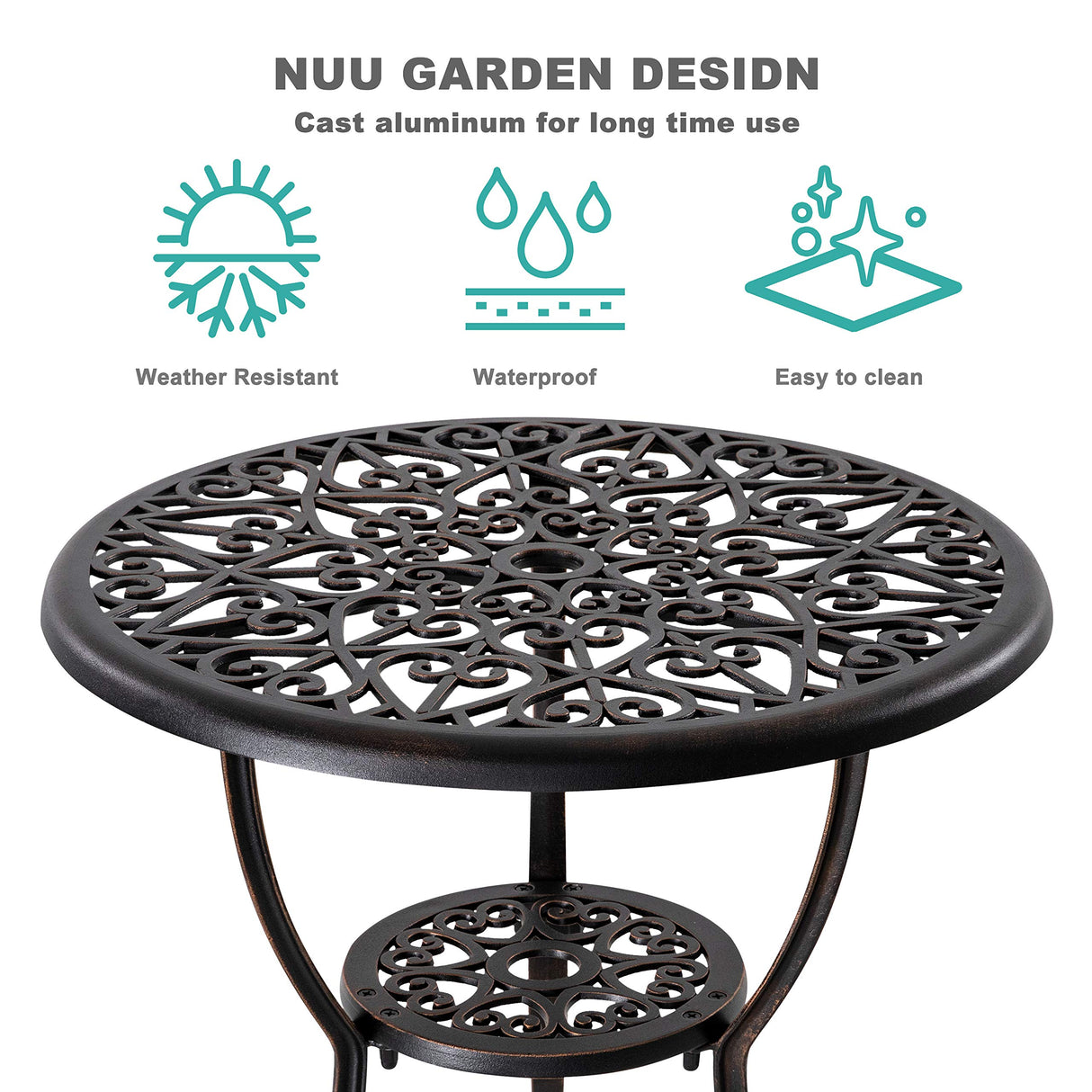 NUU GARDEN 3 Piece Outdoor Bistro Set Cast Aluminum Patio Set Bistro Table Set Rustproof Patio Table and Chairs with Umbrella Hole for Backyard, Balcony, Front Porch, Black NUU GARDEN
