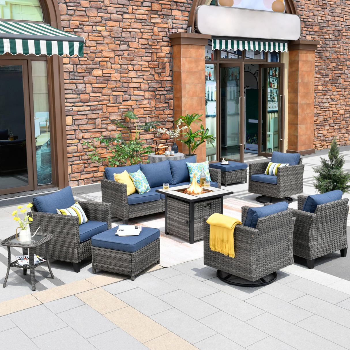 HOOOWOOO Patio Outdoor Conversation Set with Fire Pit Table,9 Piece Modern Outside Furniture with Swivel Rocking Chairs,PE Wicker Out Door Furniture Sofa and Ottoman Set(Denim Blue) HOOOWOOO