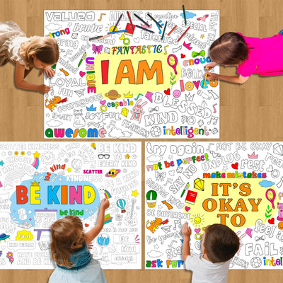 Set of 3 Jumbo Giant Coloring Poster Large Positive Coloring Tablecloths with I AM IT’S OK TO BE KIND Theme Inspirational Fun Coloring Banner for Classroom Home Activity Birthday Party Supplies