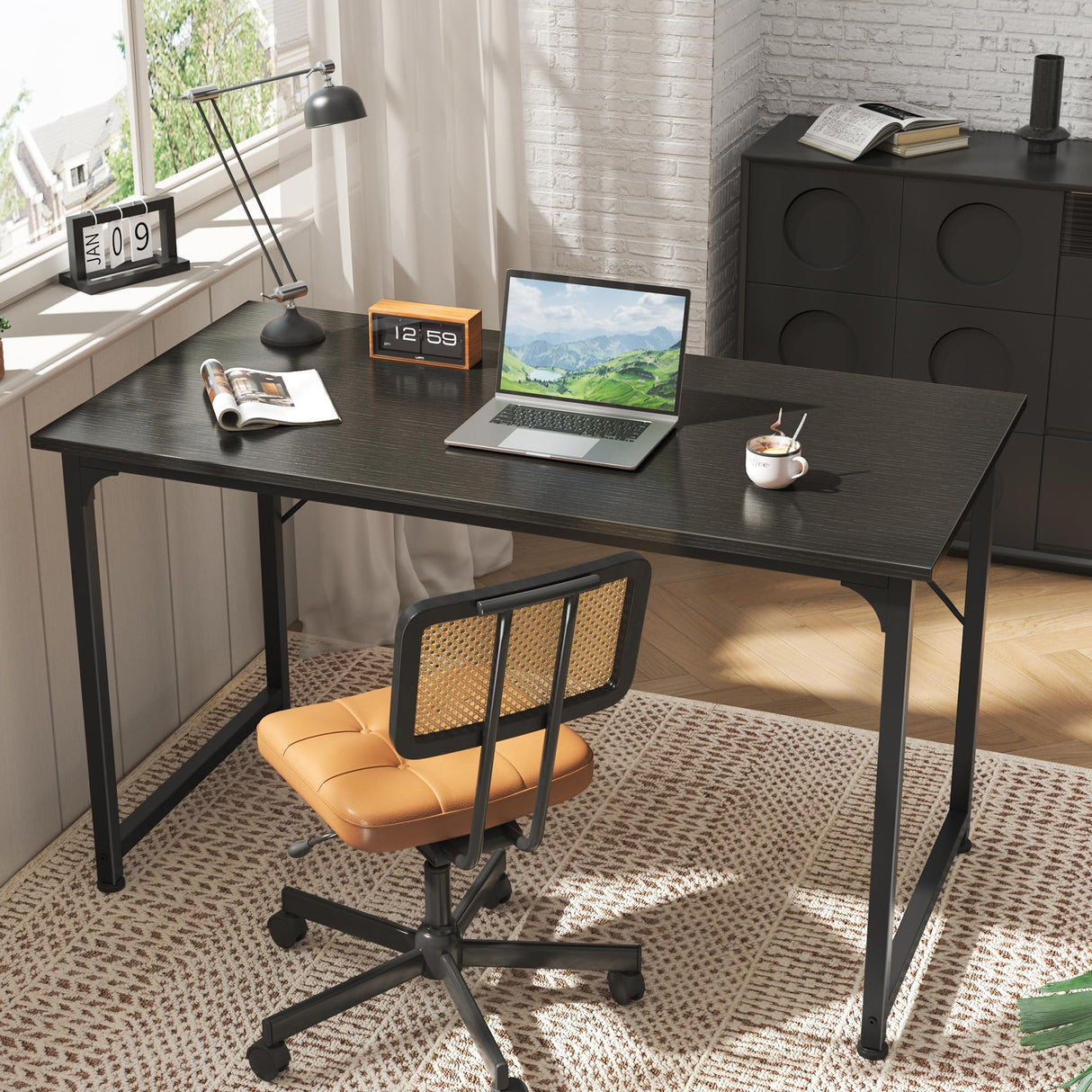 Huuger Computer Desk, 48 Inch Office Desk, Gaming Desk with Storage, Writing Desk Work Desk for Home Office, Study, Modern Simple Desk, Large Legroom, Metal Frame, Black Huuger
