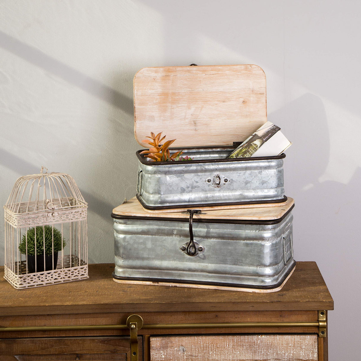 Glitzhome Decorative Galvanized Metal Boxes with Wood Lids, Set of 2 Storage Chests Small and Large Glitzhome