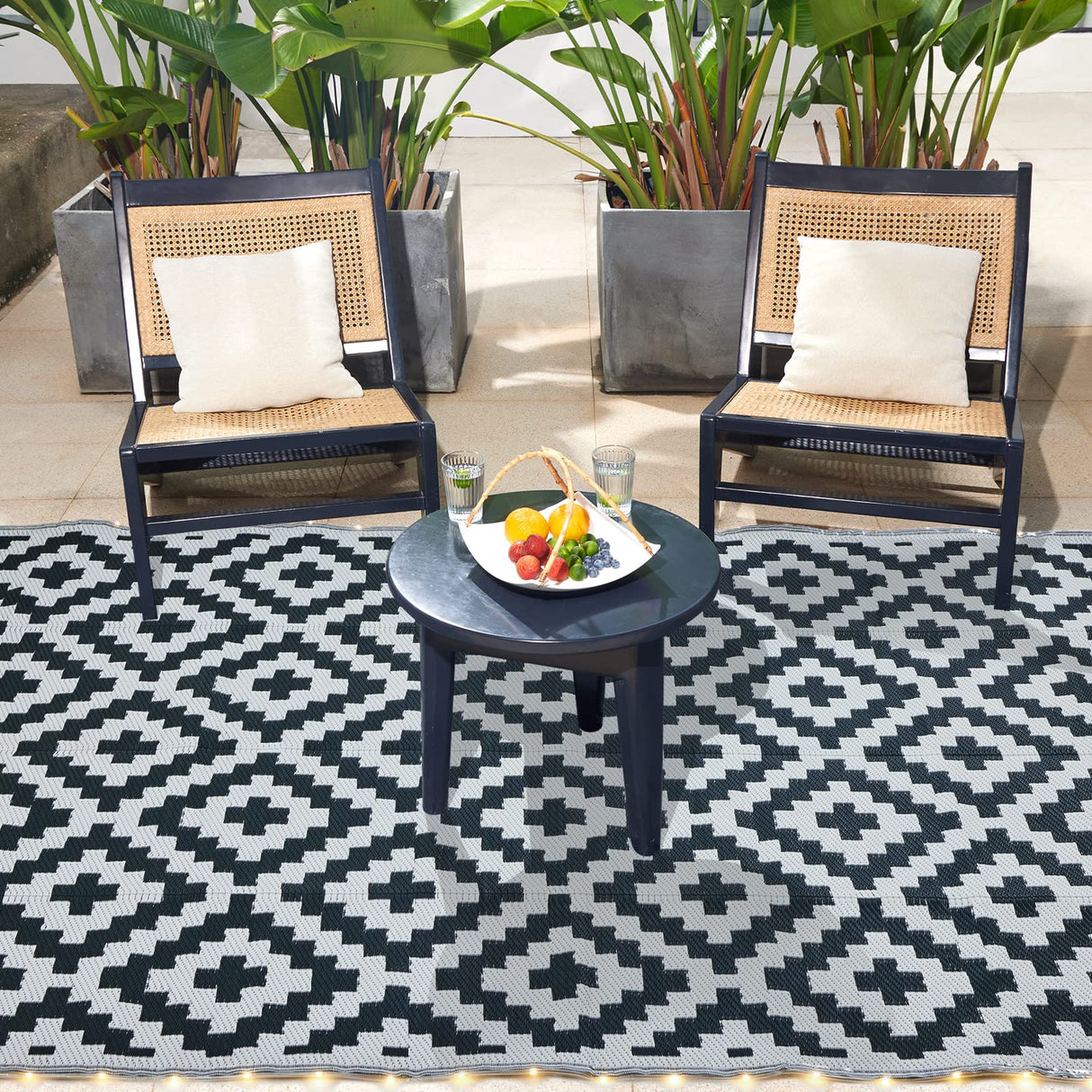 URBEST Outdoor Camping Mats Rugs Reversible Waterproof RV Deck Porch Plastic Rugs Led Illuminated Patio Mat Black-White 9x12 Feet URBEST