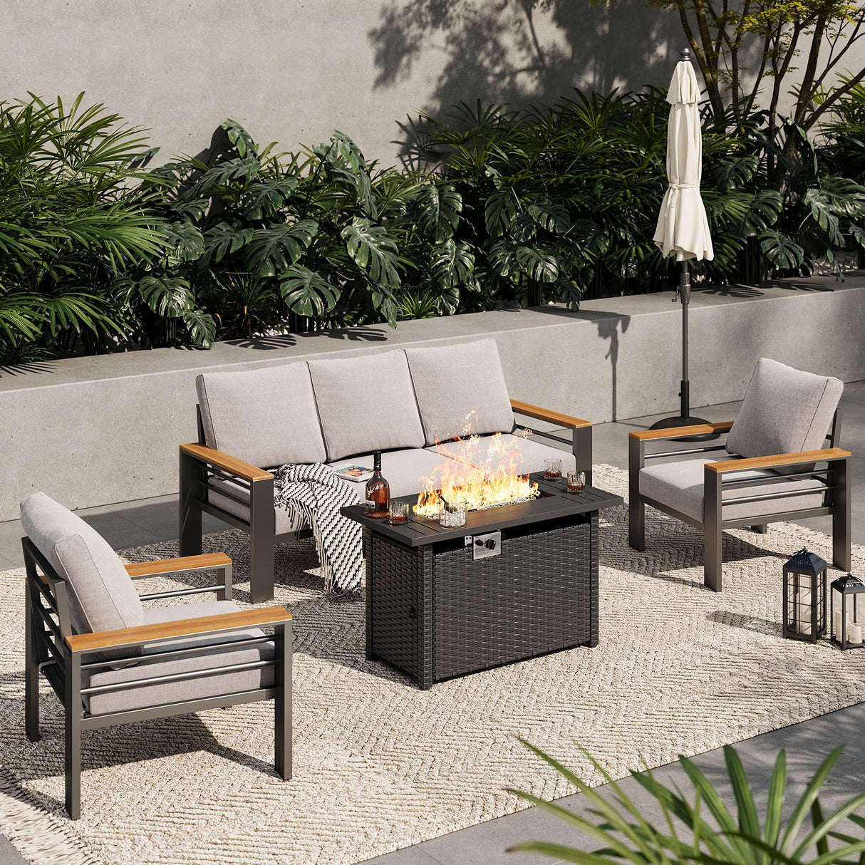Aoxun Aluminum Outdoor Patio Furniture Set, 6-Piece Outdoor Sectional with 44'' Propane Gas Firepit Table, Patio Conversation Sets with Upgraded Armrests and Cushions for Backyard (Grey,5 Seats) Aoxun