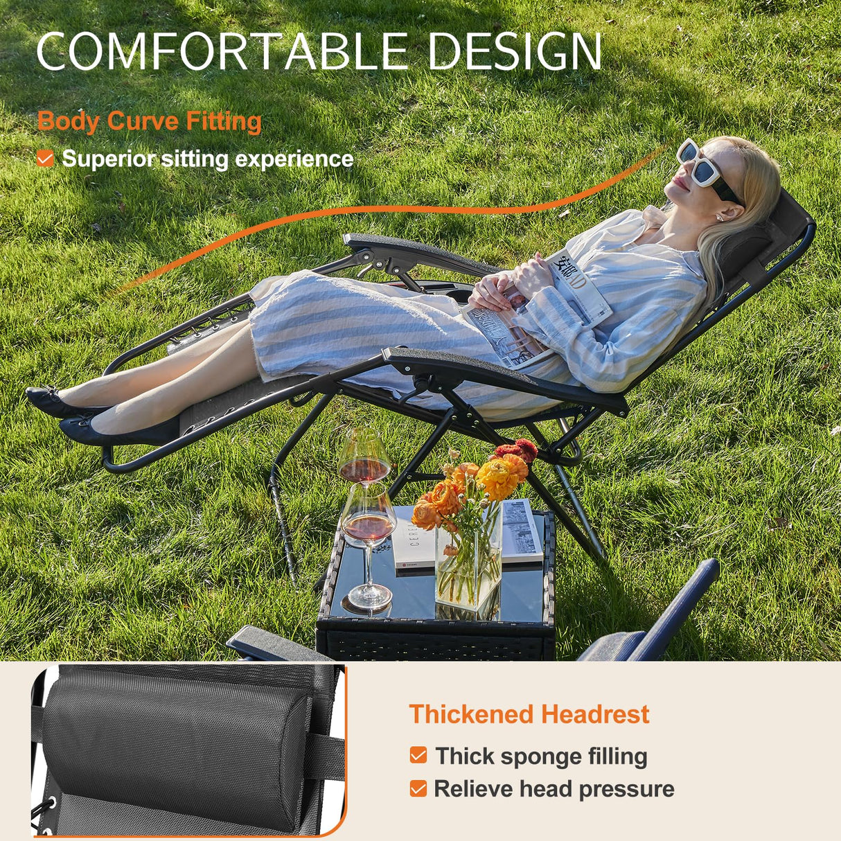 Sweetcrispy Zero Gravity Chairs, Set of 2 Portable Recliner Beach Camping Patio Outdoor Folding Lounge Chair with Cup Holder Trays and Adjustable Pillow for Poolside, Garden, Backyard, Lawn (Black) Sweetcrispy
