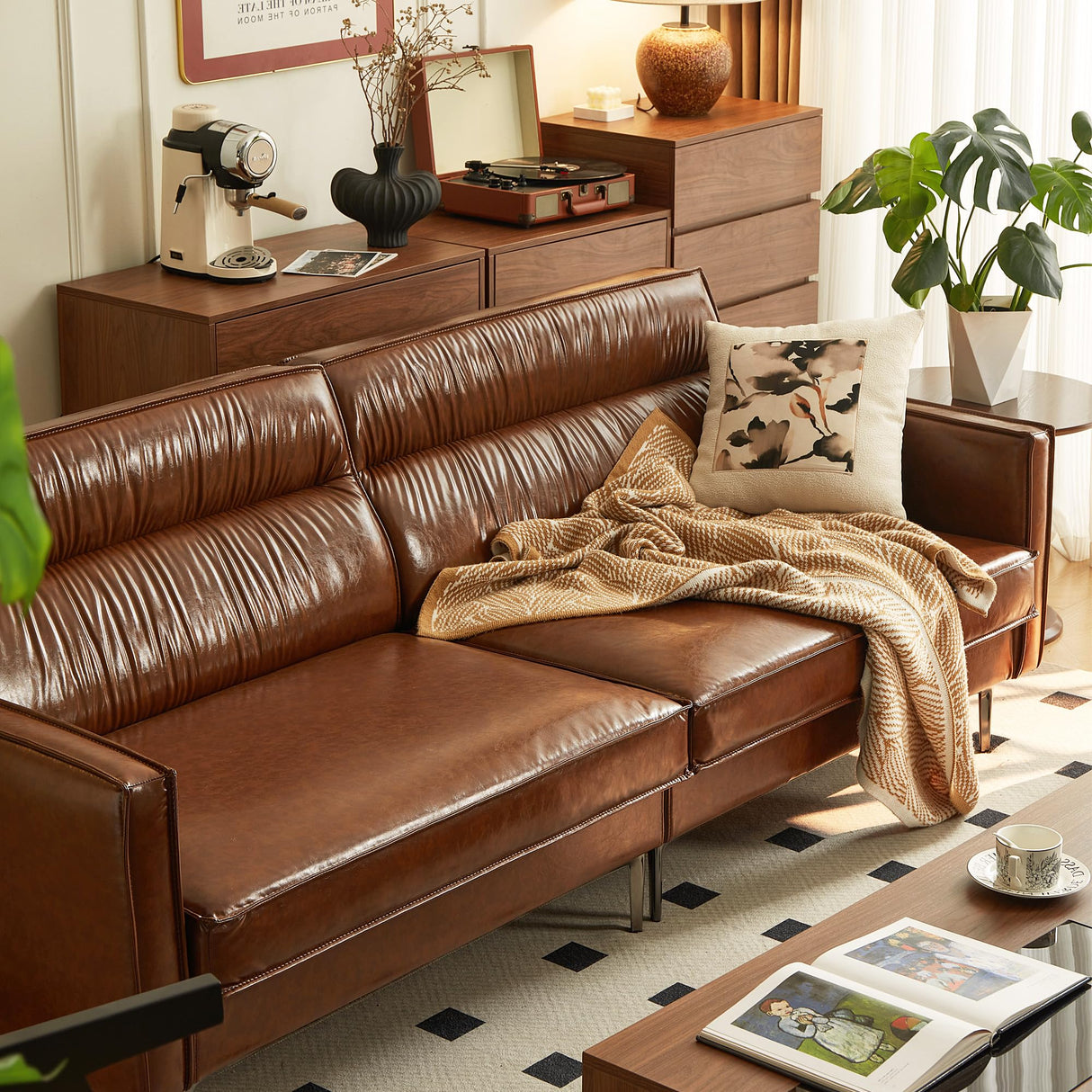 Mid-Century 3-Seater Leather Sofa with Removable Backrest and Cushions, Vintage Modern Lounge Couch for Office, Apartment, Living Room, Bedroom, with Sturdy Metal Legs - 86.61 Inches, Brown NessCarsti