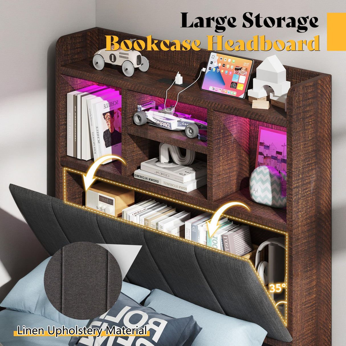 LUXOAK Twin Farmhouse Bed Frame with Bookcase Headboard and 4 Drawers, LED Storage Bed with Charging Station & Linen Upholstered, No Box Spring Needed, Reclaimed Barnwood LUXOAK