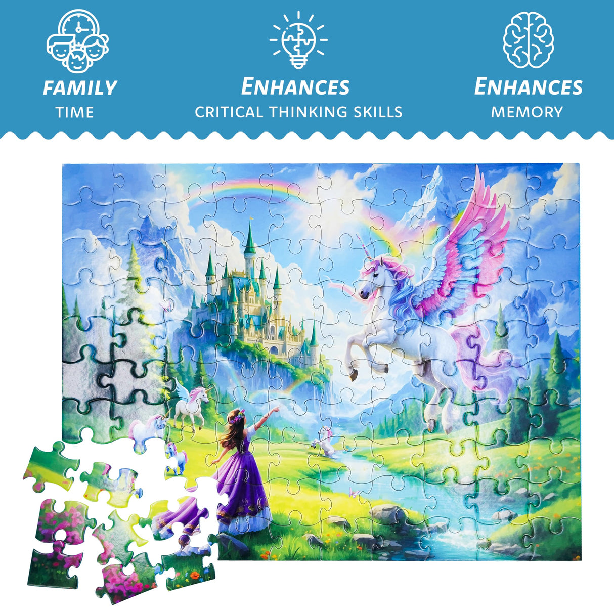 Princess of Unicorn Kingdom 100 Piece Puzzle + Bonus 16 Stickers for Kids 4-8 8-10 - Puzzles for Children and Adults - Learning Educational Toys Birthday Gifts for Girls Jigsaw Puzzles PuzzWiz