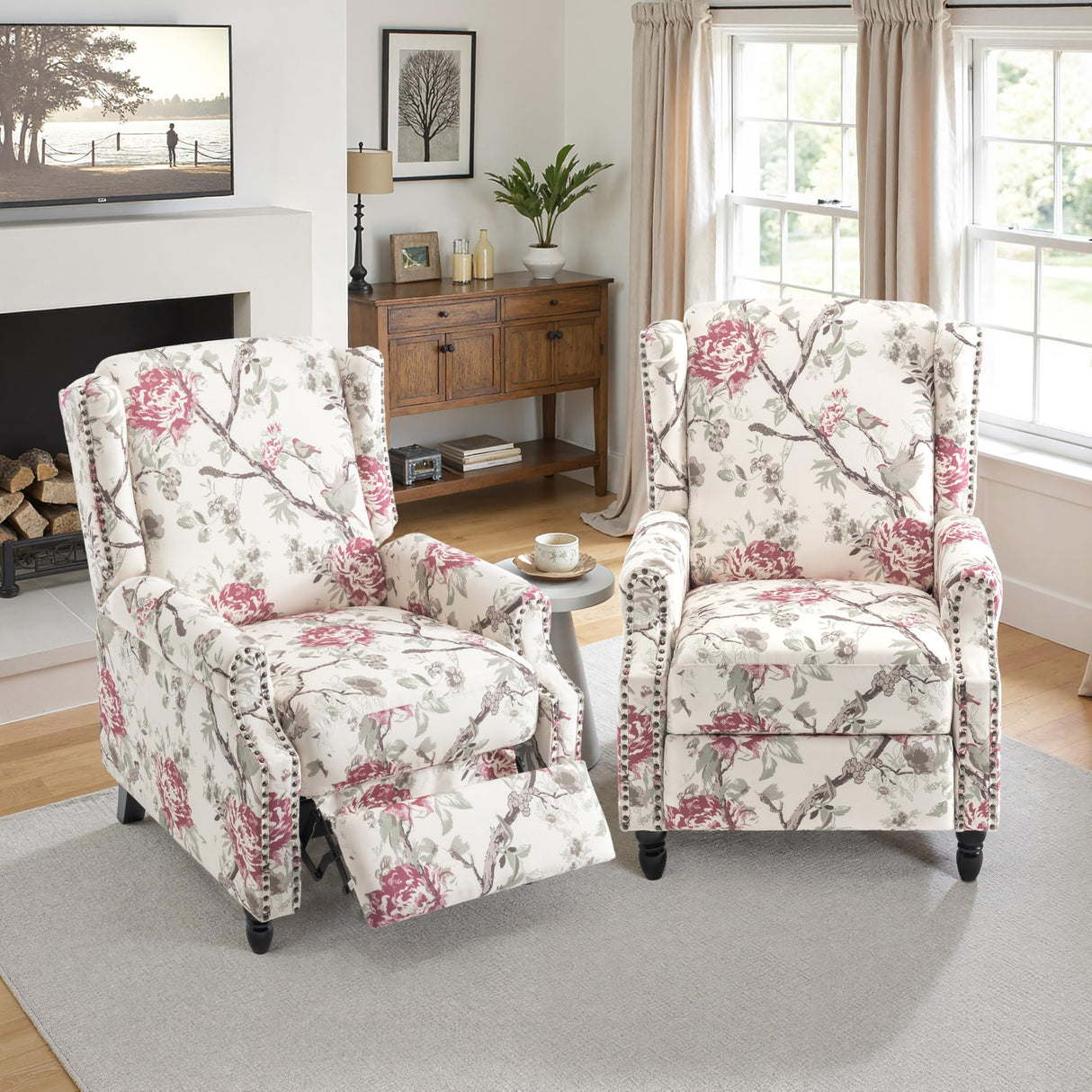 Pushback Recliner Chair Set of 2, Floral Fabric Wingback Recliner Chair, Upholstered Armchair Push Back Recliner, Rivet Trim Single Sofa Accent Chair with Wood Legs for Living Room, Plants Floral Lumibee