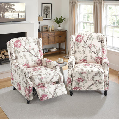 Pushback Recliner Chair Set of 2, Floral Fabric Wingback Recliner Chair, Upholstered Armchair Push Back Recliner, Rivet Trim Single Sofa Accent Chair with Wood Legs for Living Room, Plants Floral