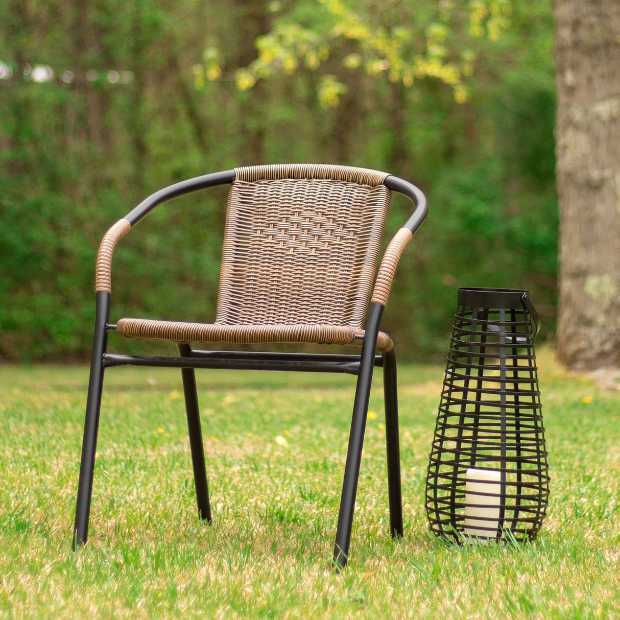 EMMA + OLIVER 2 Pack Medium Brown Rattan Indoor-Outdoor Restaurant Stack Chair EMMA + OLIVER