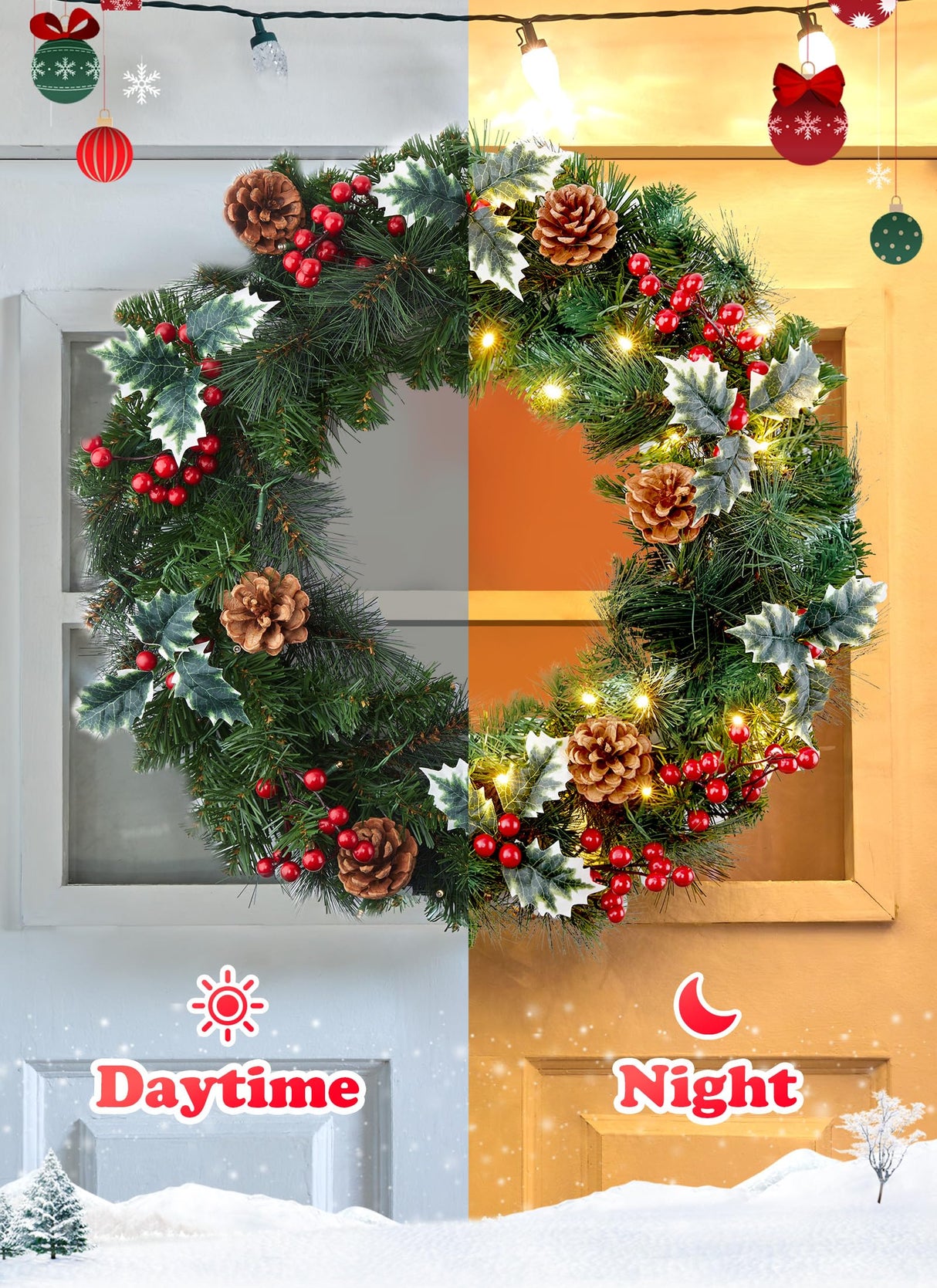 24 Inch Pre-Lit Artificial Christmas Wreath, Battery Operated LED Christmas Wreath with Pine Needles Branches Hari Leaves Red Berry Pine Cones Lighted Wreath for Front Door Wall Windows X-mas Ornament Brightown