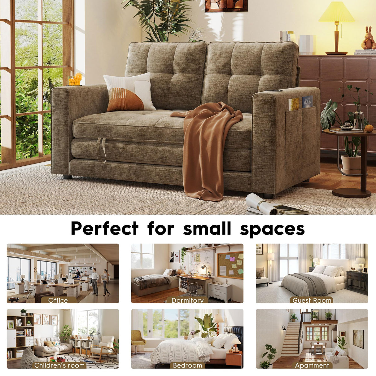 55" Convertible Folding Sofa Bed, Pull Out Couch Love Seat Sleeper Bed, Small Fold Out Loveseat Sleeper with Cup Holder and Pillow for Small Space, Bedroom Lounge, Dorm, Living Room(Brown Chenille) Urhanherry