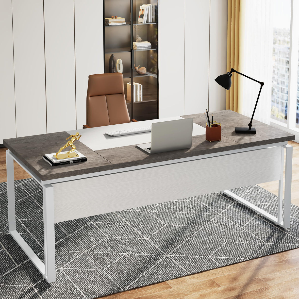Tribesigns 63" Modern Conference Table with Splicing Board, 5FT Meeting Tables for Home Office, Business Training Seminar Table with Stylish Metal Legs (Only Table) (Grey & White) Tribesigns