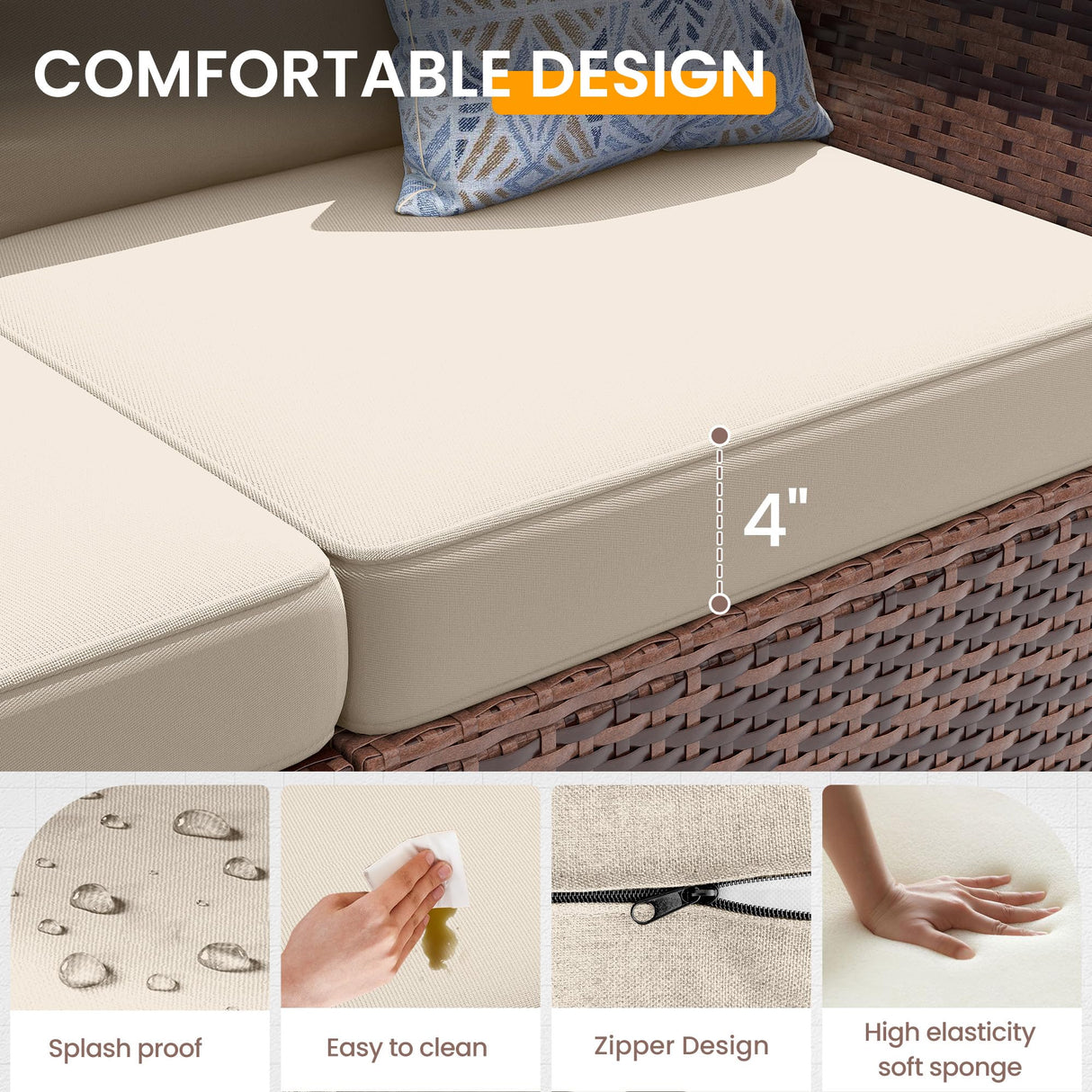 UDPATIO Patio Furniture Set with 44'' Fire Pit Table,Modular Outdoor Furniture Sets,Slanted Back Outdoor Sectional Conversation Set PE Rattan Sofa for Backyard W/Coffee Table,4'' Cushions,8 PCS,Khaki UDPATIO