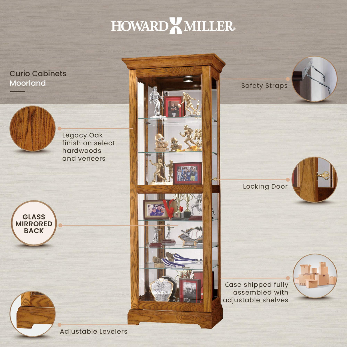 Howard Miller Moorland Curio Cabinet – Lighted Wooden Curio Cabinet with Adjustable Shelves Mirrored Back Locking Beveled Glass Door No Reach Interior Light Switch Quality Office & Home Decor Howard Miller