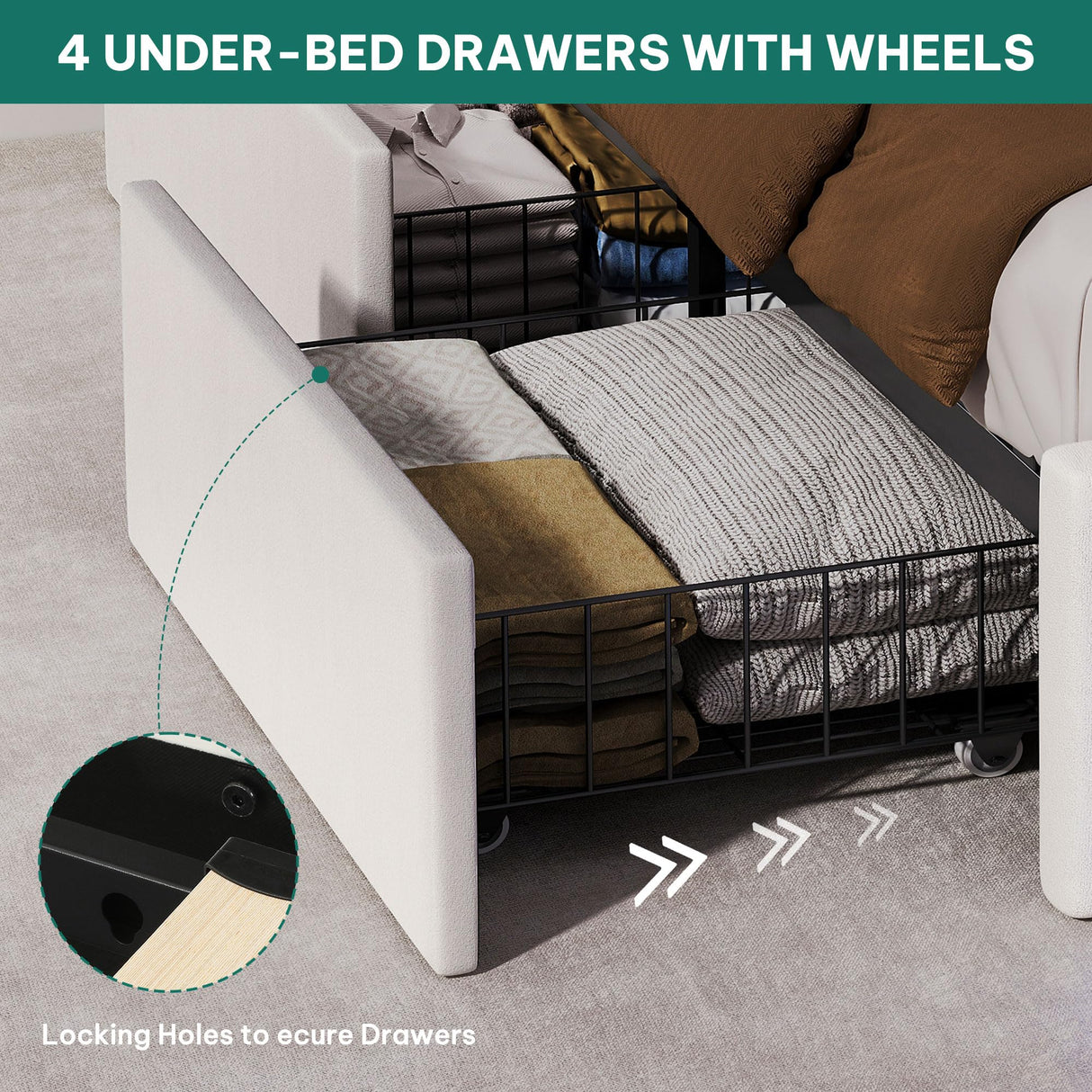 YITAHOME Queen Size Bed Frame with 4 Storage Drawers and RGB LED Lights, 57'' Tall Headboard Velvet Upholstered Bed with Charging Station, No Box Spring Needed, Easy Assembly, Noise-Free, White YITAHOME