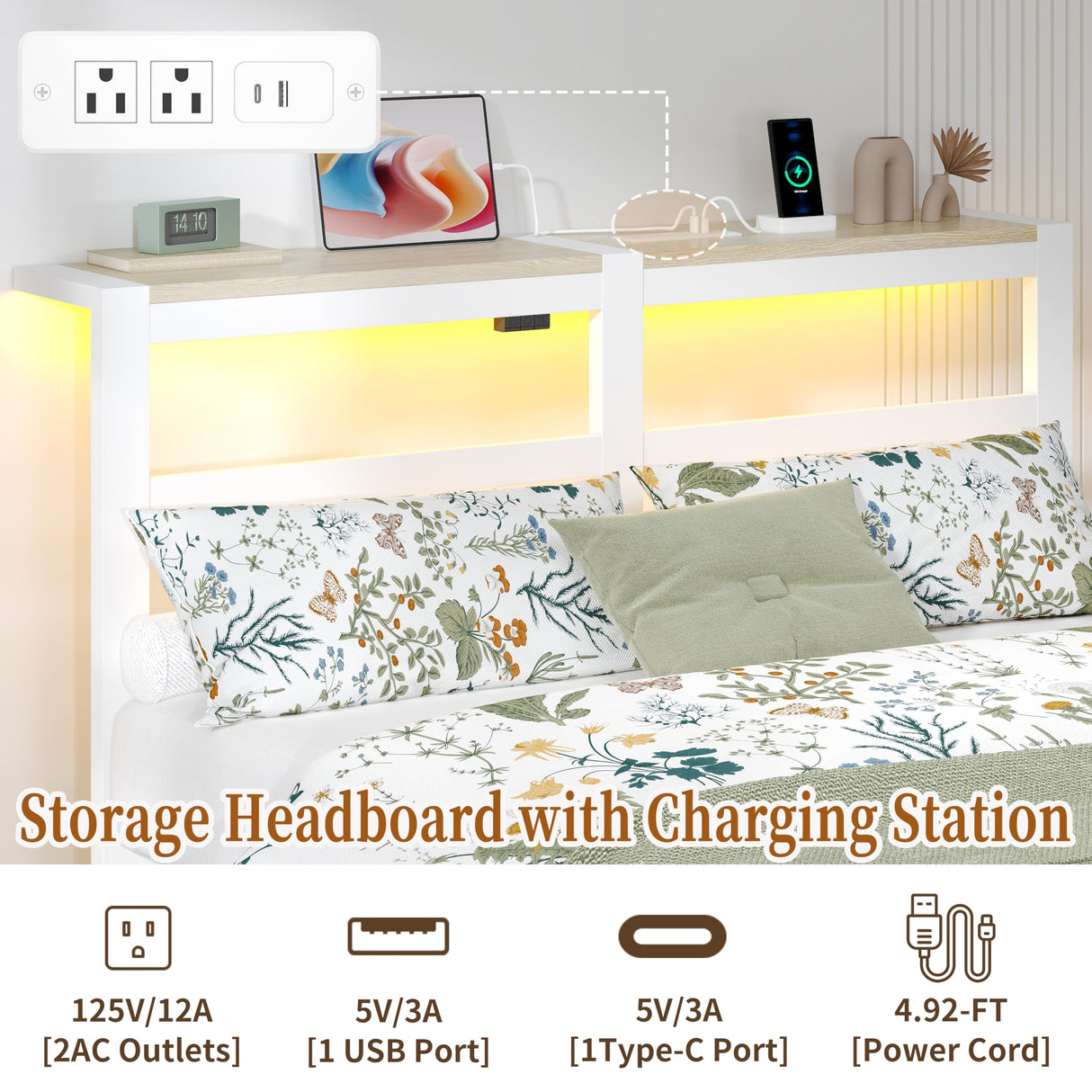 ChicZhiNest Full White Bed Frames with Charging Station and LED Lights, Full Platform Bed with Heavy Duty Metal Slats, Storage Headboard, Under Bed Storage, No Box Spring Needed, Noise Free ChicZhiNest