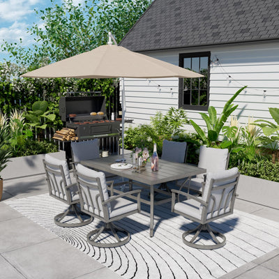 HAPPATIO 7-Piece Outdoor Dining Set - All Aluminum Patio Table and Chairs Set for 6 Includes 1 Rectangular Dining Table and 6 Swivel Dining Chairs with Cushions for Lawn, Garden, Backyard