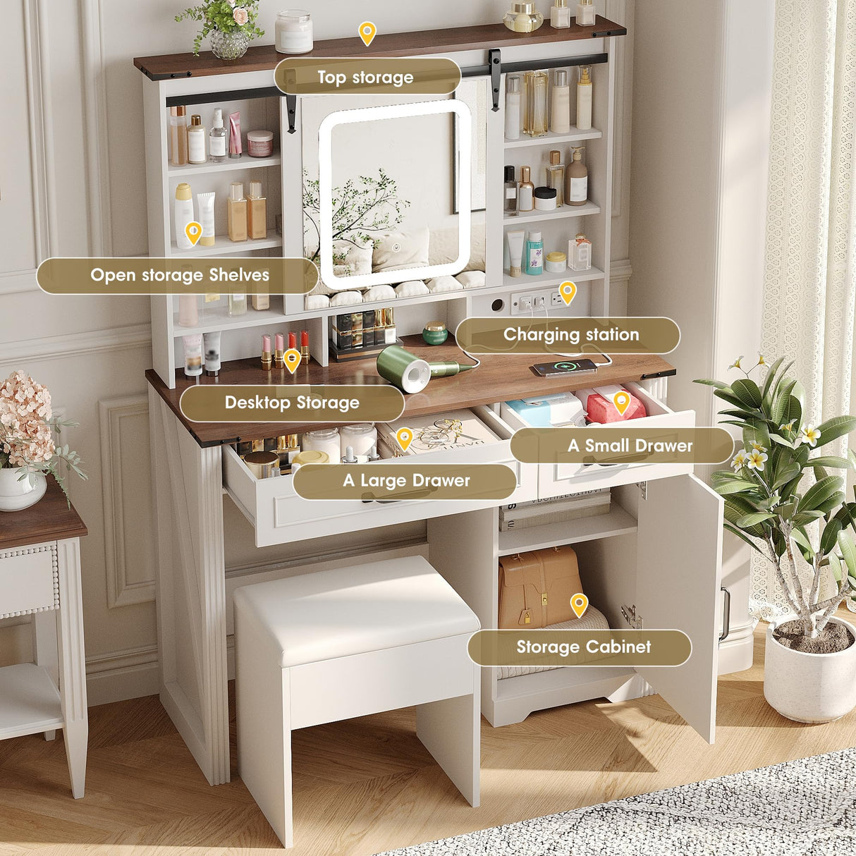 Farmhouse Makeup Vanity Desk with Sliding Mirror and Lights and Charging Station, White Vanity with Shelves and Drawers and Storage Cabinet, Make Up Vanity Desk with Cushioned Stool for Bedroom Befrases