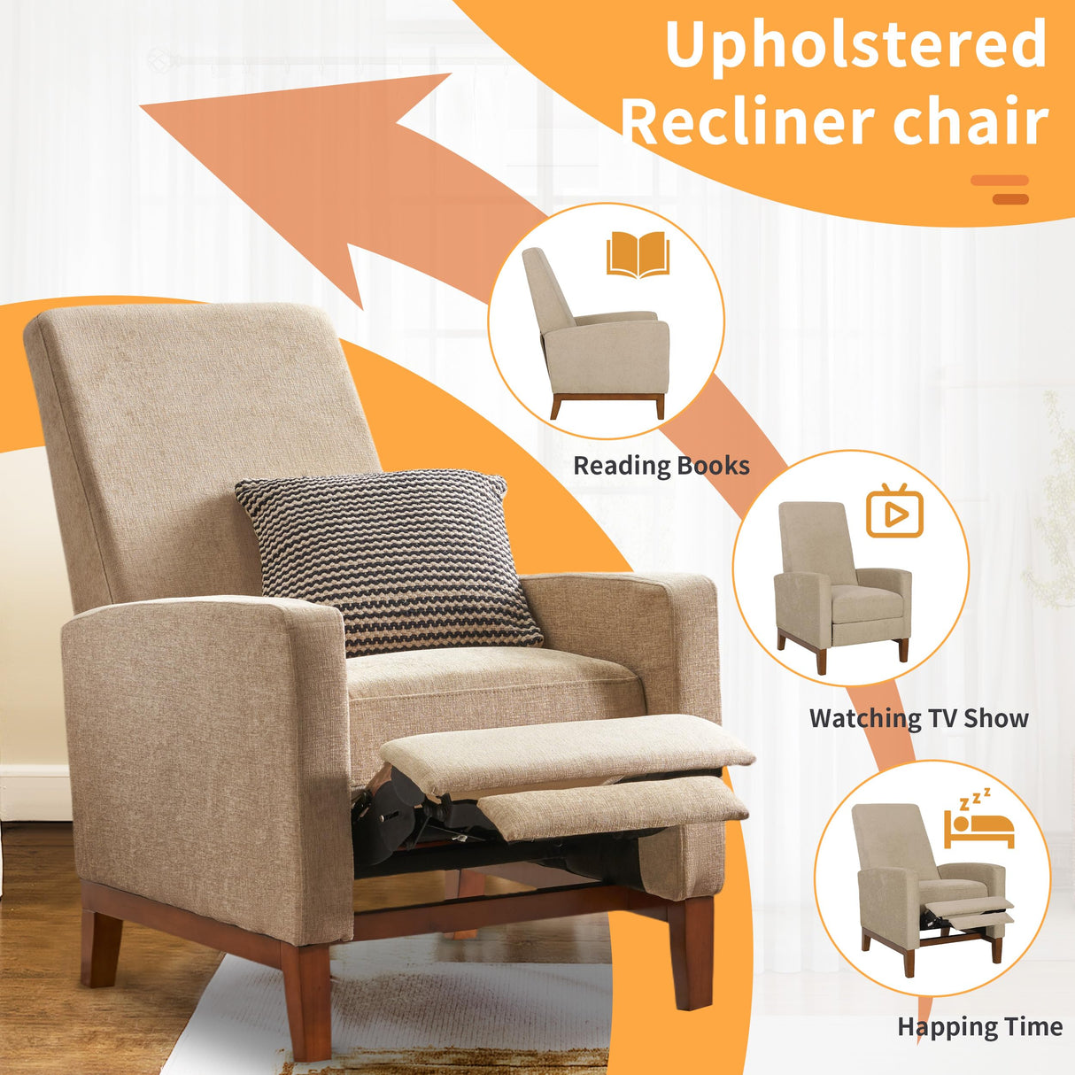 QKFF Push Back Recliner Chair, Adjustable Modern Reclining Chair with Solid Wood Legs Thick Seat Cushion and Backrest Small Recliners for Small Spaces Living Room QKFF