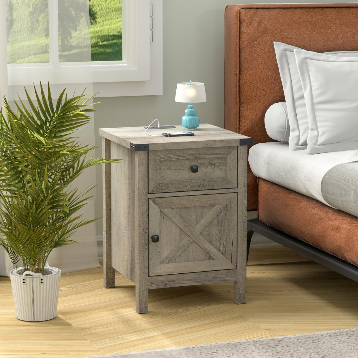 Rustic Nightstand with Charging Station, Night Stand with Barn Door and Drawer, Storage Bedroom Living Room Bedside Table Farmhouse End Table Industrial Bedside Table with USB Ports and Outlets,Grey HOSEOKA