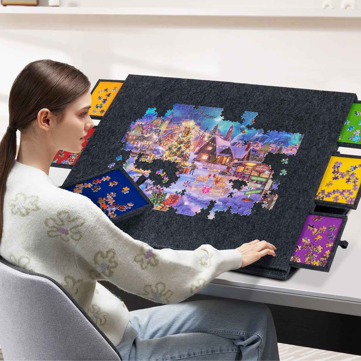 LAVIEVERT 2000 Pieces Portable Jigsaw Puzzle Board with 6 Drawers & Trays, Tilting Puzzle Table with 2-in-1 Puzzle Stand & Cover, Lightweight Puzzle Storage Saver with Puzzle Easel- Dark Gray LAVIEVERT