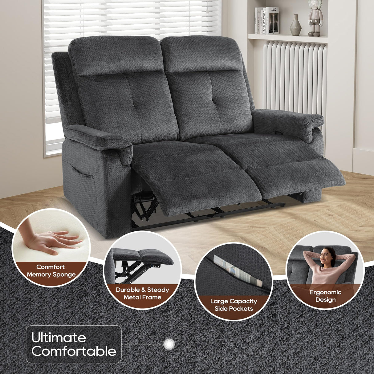 GUEAPY Loveseat Recliner Sofa-Double Recliner Loveseat with Heat and Massage,2 Seater Reclining Couch,Manual Reclining Loveseat with Pockets, Infinite Position for Living Room,Bedroom GUEAPY