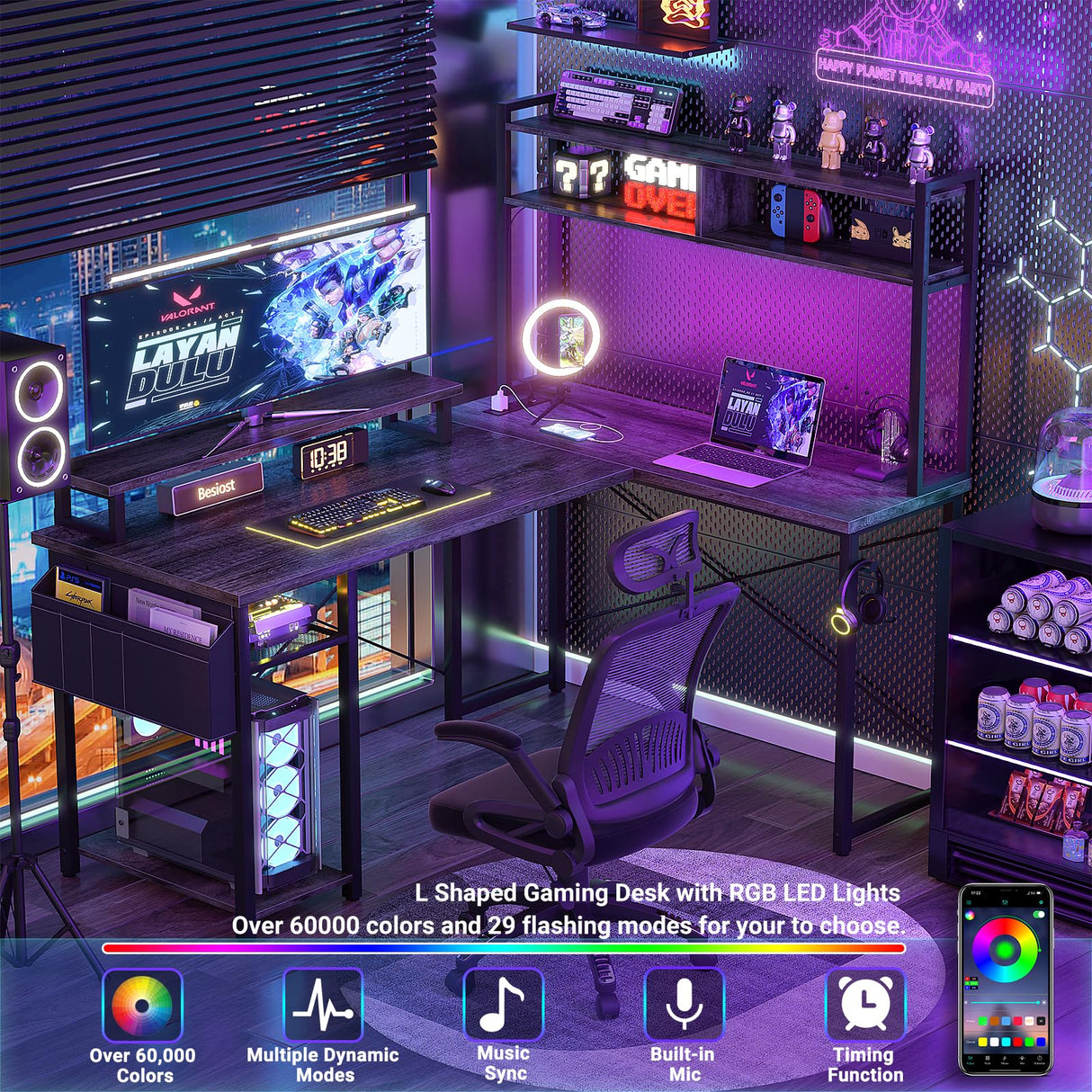 Besiost Small L Shaped Gaming Desk with Power Outlets, 48" Reversible L Shaped LED Computer Desk with Monitor Stand & Storage Shelf, Corner Gamer Desk Home Office Desk with Storage Bag, Black Oak Besiost