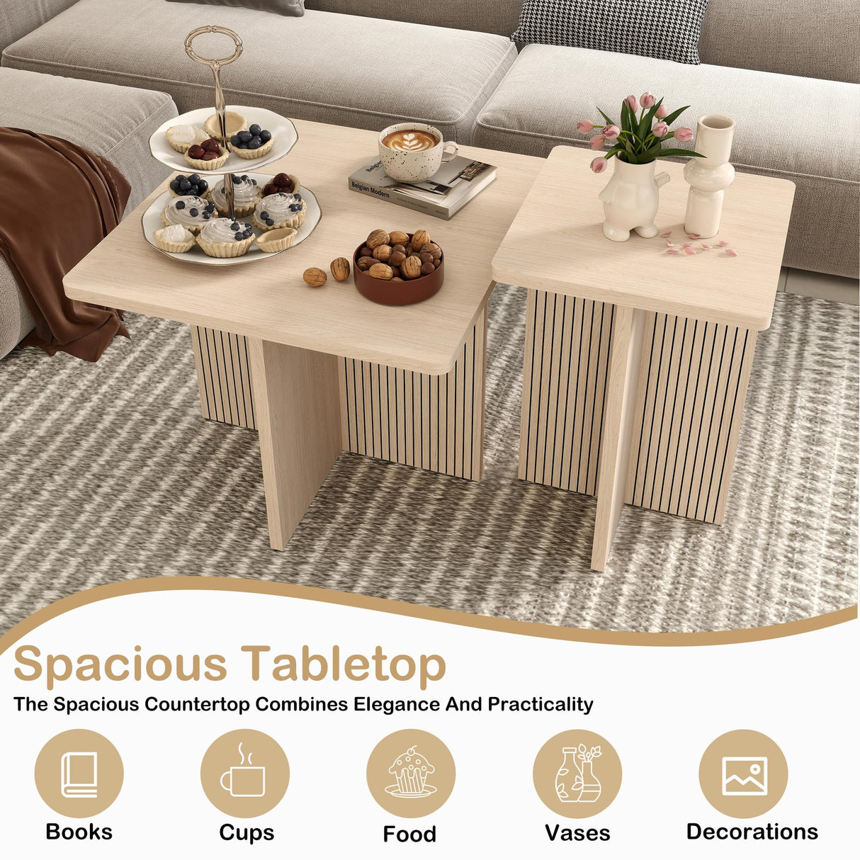 Nesting Wood Grain Color Tables for Living Room: Nesting Coffee Table Set of 2, Modern Wooden Square Center & Side Piece, Fluted Design Small End Stand for Spaces LABROSKIA