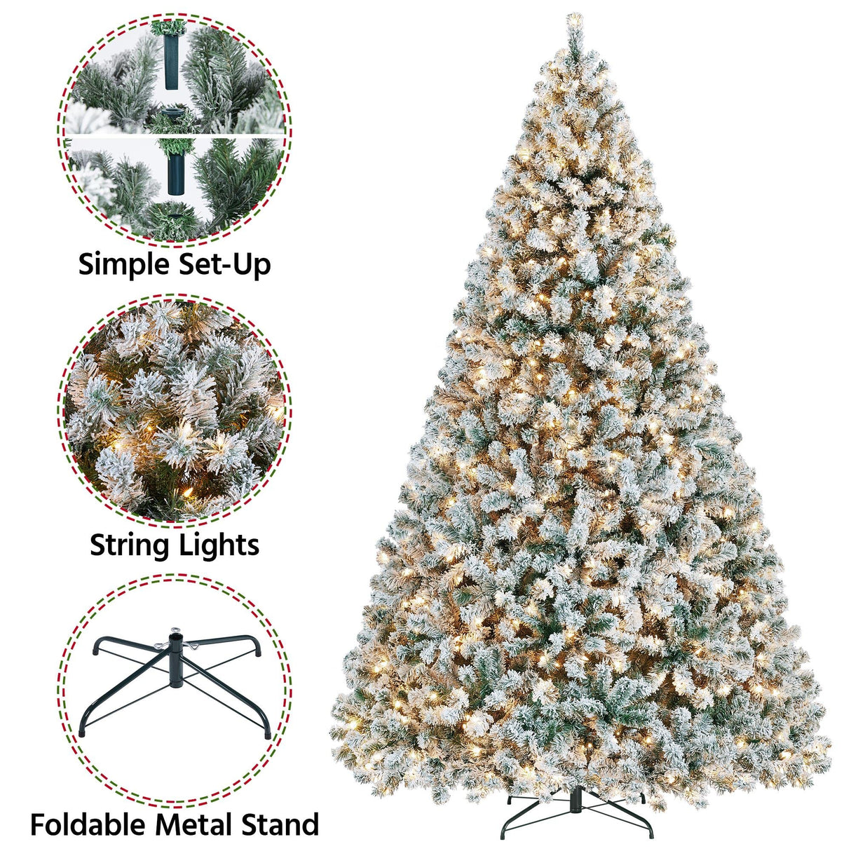 Yaheetech 9ft Pre-lit Artificial Christmas Tree with Incandescent Warm White Lights, Snow Flocked Full Prelighted Xmas Tree W/2084 Branch Tips, 900 Incandescent Lights & Foldable Stand, Green & White Yaheetech