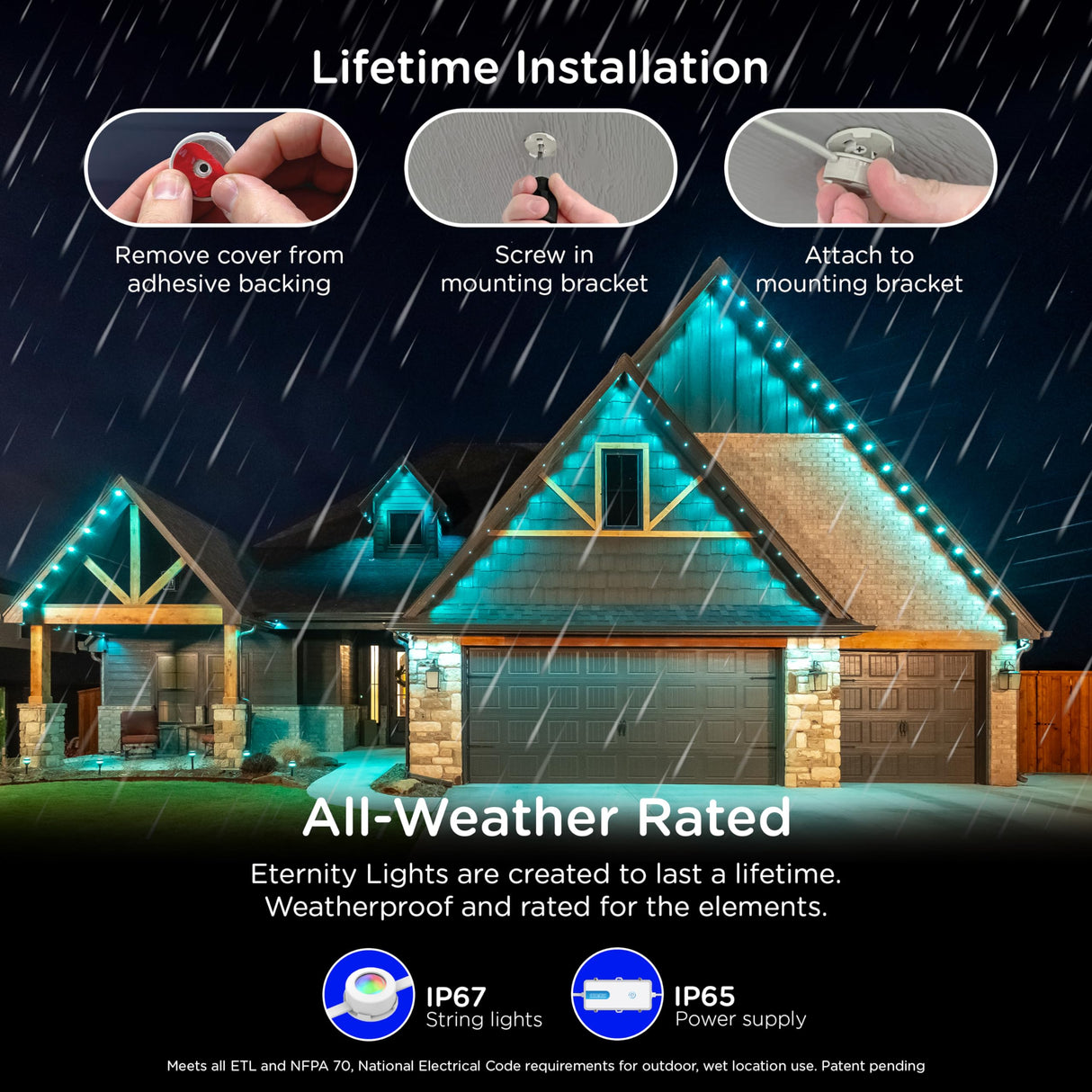 Enbrighten Vibe Eternity Permanent Outdoor Lights for House, 100ft, 72 RGBWIC LEDs, Close Spacing, 33lm, Color Changing, Christmas, Eave Lighting, Smart App, Works with Alexa, Google Home, 81103 Enbrighten