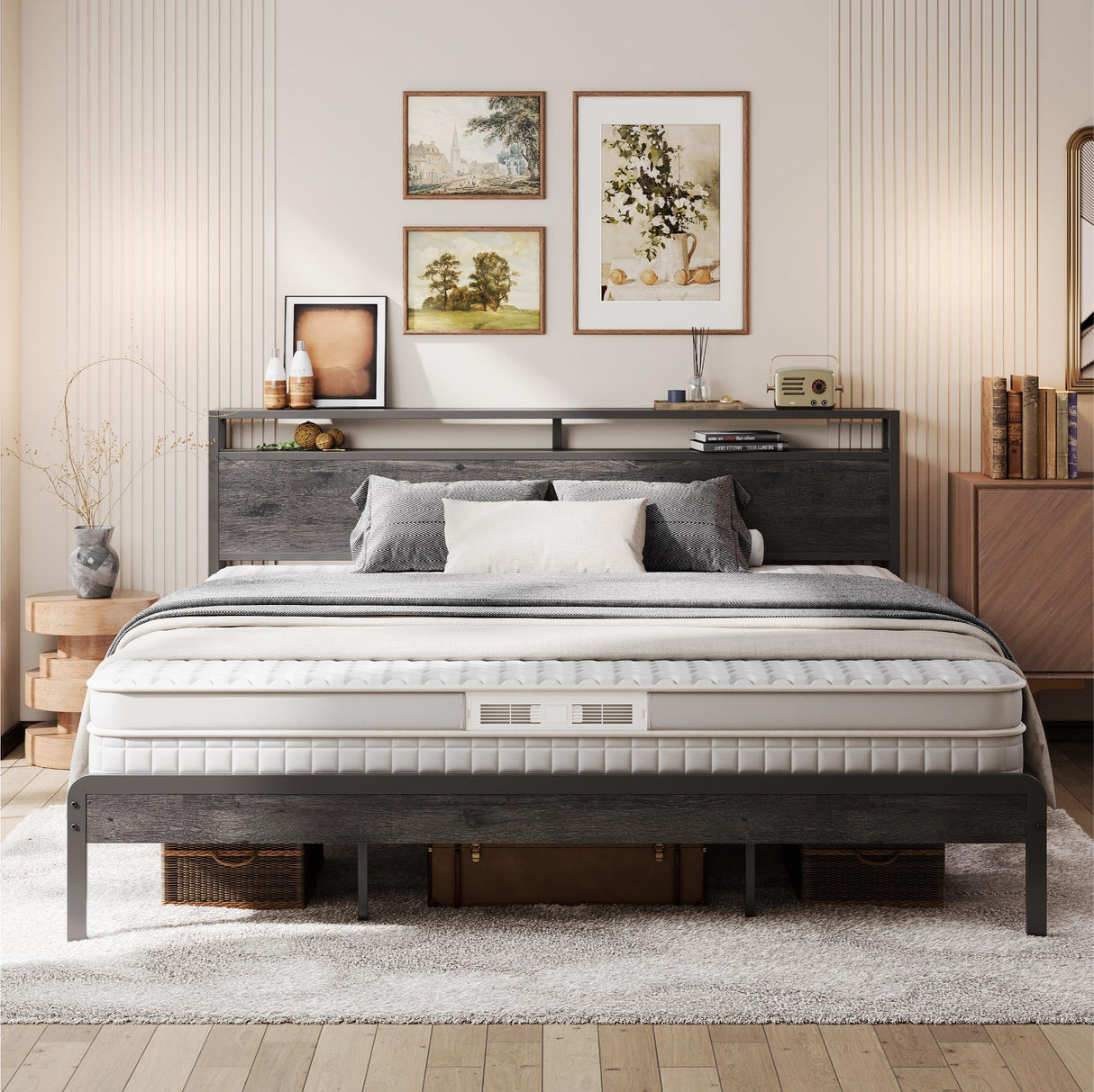 LIKIMIO King Bed Frame with Headboard, Dark Wood Camas King with Strong Supports, Sturdy, Noise-Free, No Box Spring Needed, Charcoal Grey LIKIMIO
