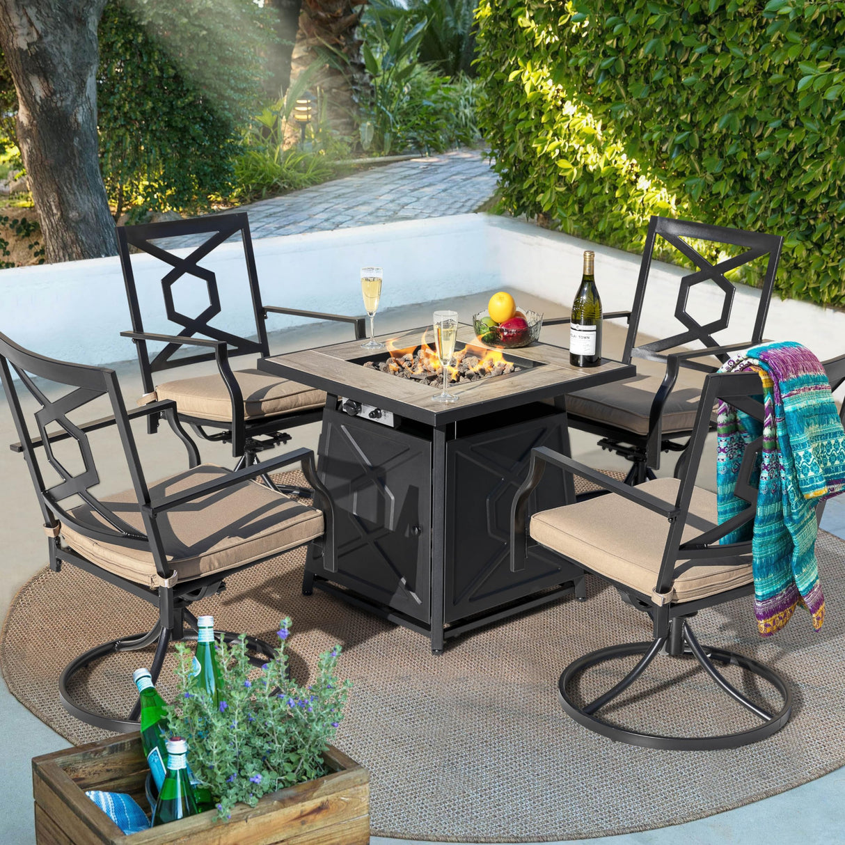 NUU GARDEN 5-Piece Patio Furniture Set with Fire Pit Table, 28'' 50,000 BTU Propane Gas Cabinet Fire Pit Table with Cover and 4 Dining Swivel Chairs with Padded Cushions, Black and Beige NUU GARDEN
