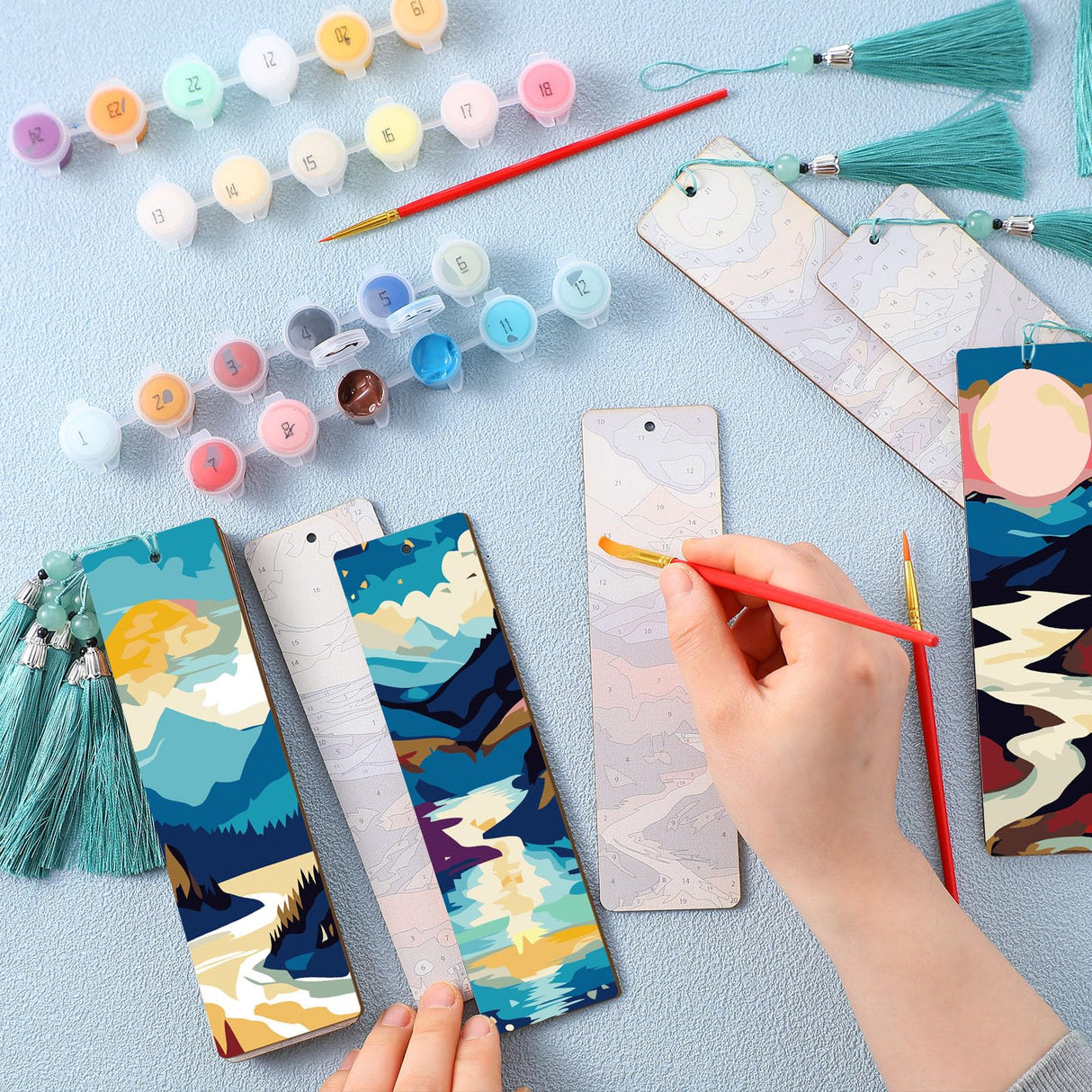 Kosiz 12 Pcs Mountain Paint by Numbers Kit for Adults Wood Bookmarks Painting Decor Mini Paint by Numbers Kits Tassels Blank Bookmarks Ornament for Small DIY Book Lovers Birthday Craft Gift 7x2 '' Kosiz