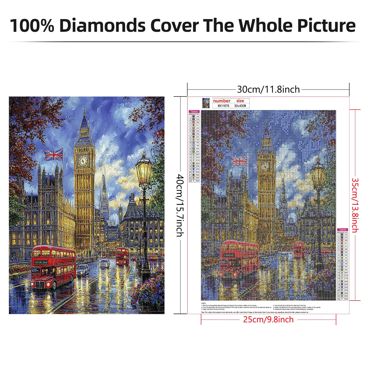 Lxmsja London Street Diamond Art Kits for Adults, Big Ben Diamond Painting Kits for Beginners, 5D DIY Full Drill Gem Art Crafts for Adults, Home Wall Decor 12x16 inch Lxmsja