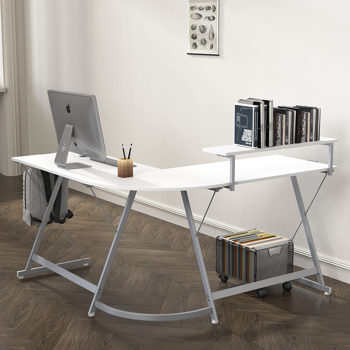 SHW Vista L-Shape Desk with Monitor Stand, White SHW