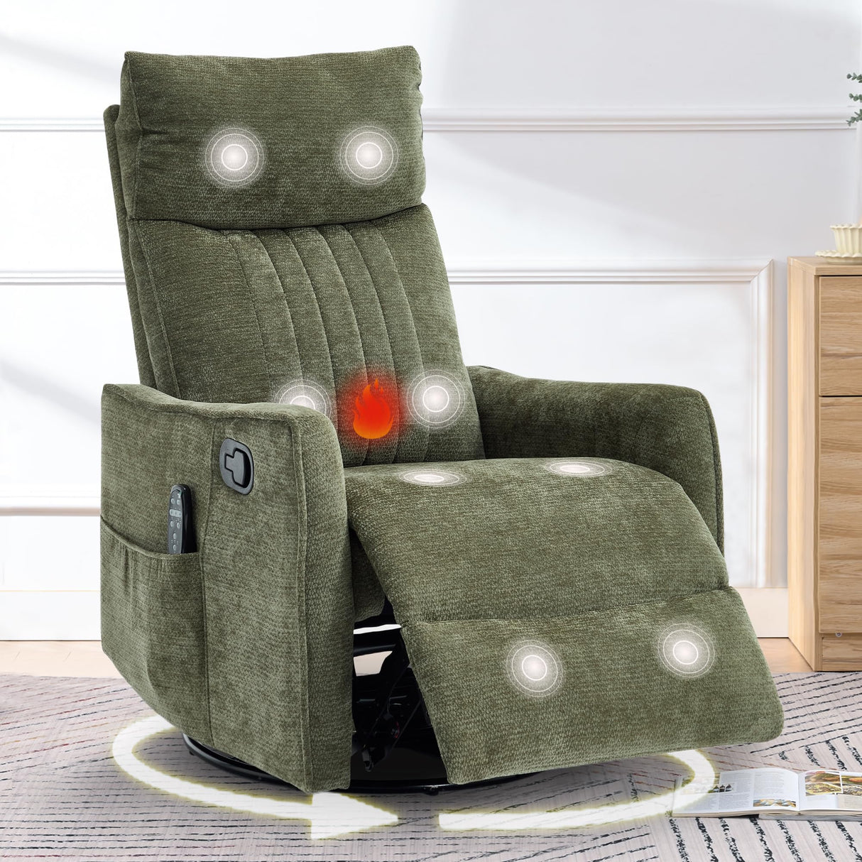 cinkehome Swivel Rocker Recliner, Glider Rocking Recliner Chair for Nursery, Manual Reclining Chair with Heated Massage, Small Spaces, Living Room, Olive Green Chenille cinkehome