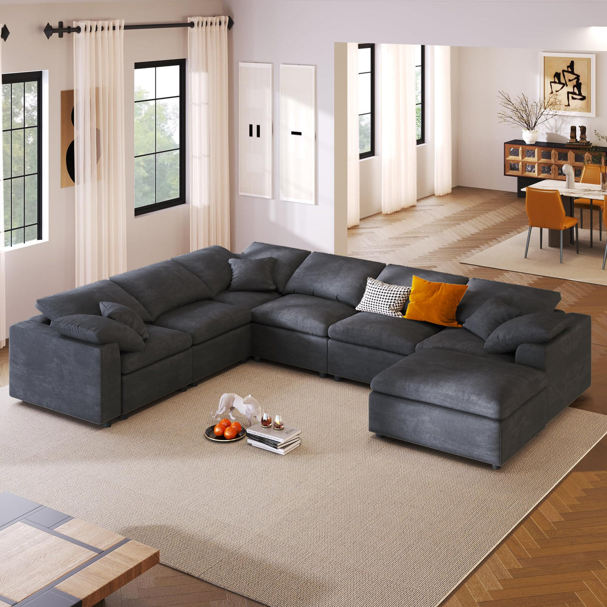 Tmsan 129.3" Oversized Modular Sectional Sofa, U Shaped Couch with Movable Ottoman, Large 7 Seater Corner Sofa for Living Room, Office, Spacious Space, Grey Tmsan