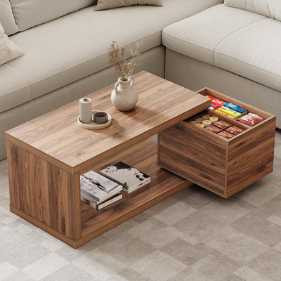 Yechen Modern Coffee Table with Hidden Storage, 1.4" Thick Long Expandable Rotating Coffee Table, Wood Rectangle Cocktail Table for Living Room,Walnut