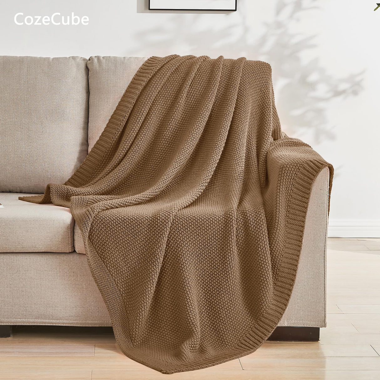 CozeCube Caramel Brown Throw Blanket for Couch, Soft Cozy Cable Knit Throw for Bed Sofa Living Room, Lightweight Warm Decorative Farmhouse Christmas Blanket, 50"x60", Light Brown CozeCube