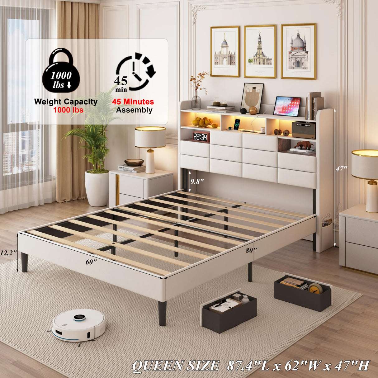 Etditrnp LED Bed Frame Queen Size with Storage Headboard, 2 Hidden Drawers and Charging Station, Velvet Bed Frames with Led Lights, Wooden Slats Support, Easy Assembly, No Box Spring Needed, Beige Etditrnp