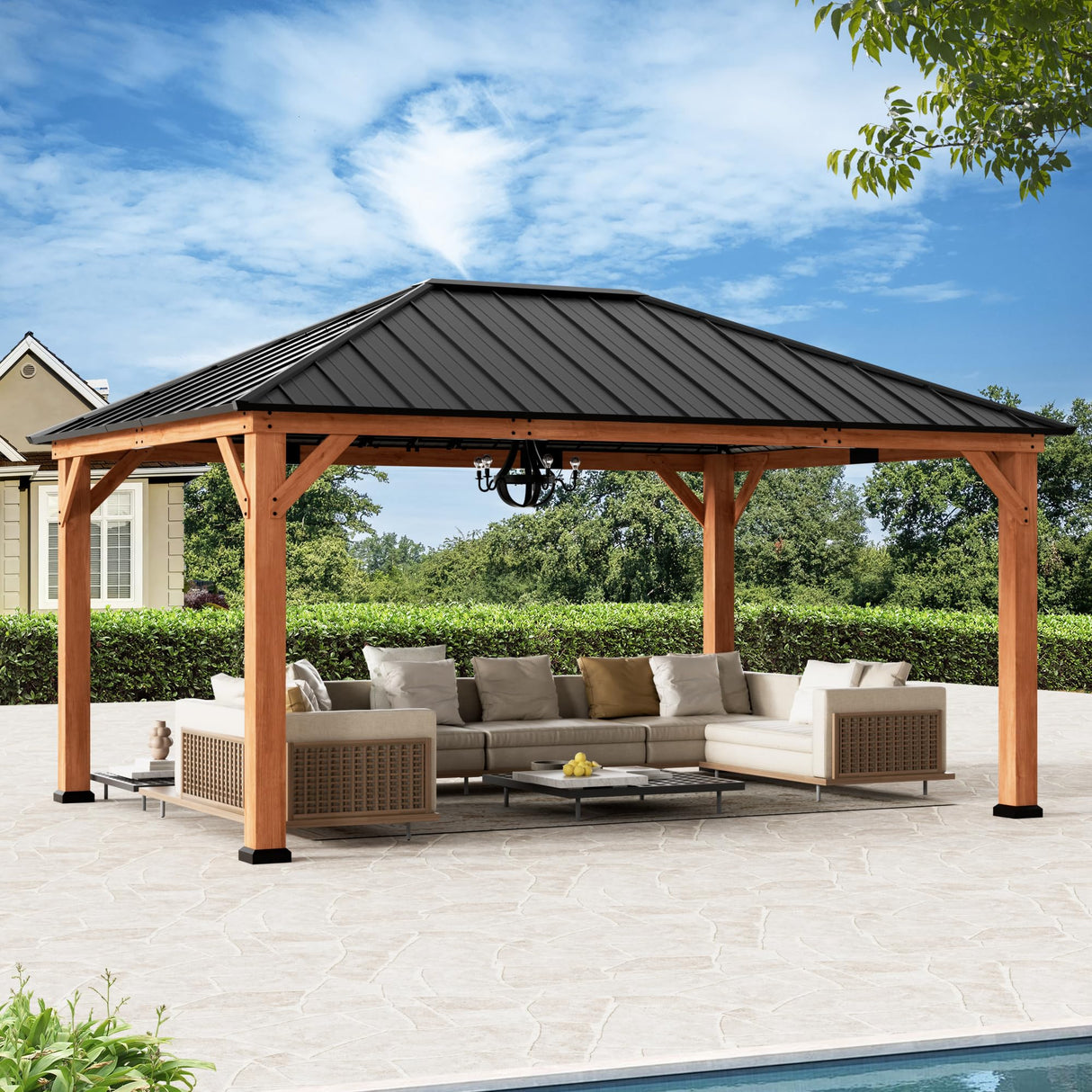 Modern Shade Tranquil Grove Wood Gazebo 12' x 16', Permanent Grill Gazebo with Galvanized Steel Hardtop Roof, Cedar Framed Wooden Pavilion for Garden, Backyard Modern Shade Outdoor Living Spaces